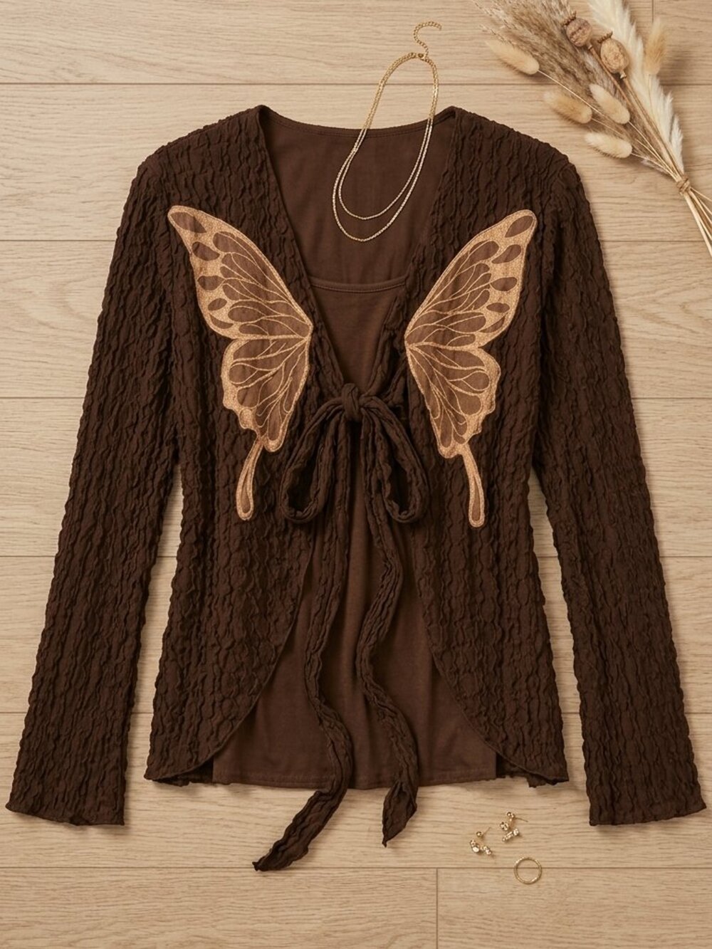 Earthbound Brown Butterfly Embroidered Tie Front Top Size L – New With Tags